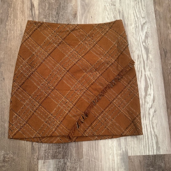 Free People Brown Plaid Tweed Fringe Mini Skirt Fall Preppy Academia Sz 4 - Picture 7 of 9